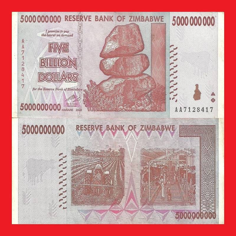 Zimbabwe 5 Billion Dollar Banknote Serial AA7128417 VF
