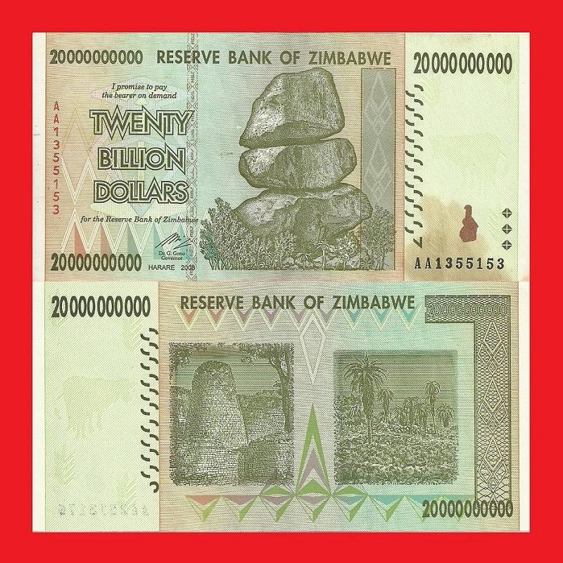 ZIMBABWE 20 Billion Dollar Banknote Serial AA1355153 F