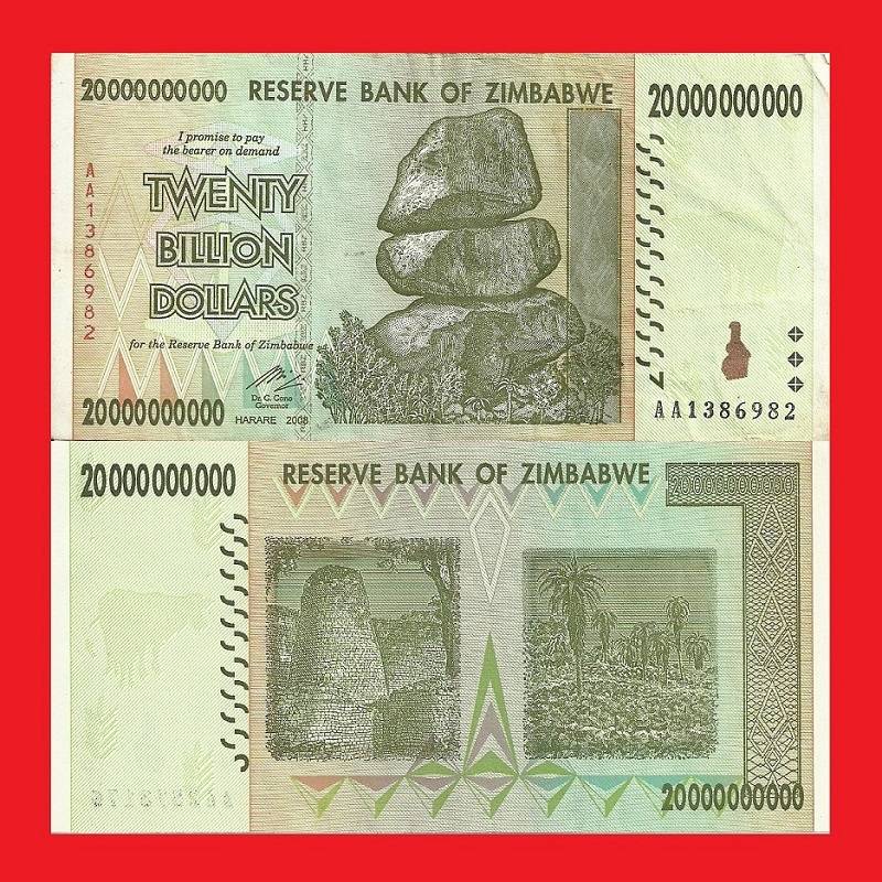 ZIMBABWE 20 Billion Dollar Banknote Serial AA1386982 VF