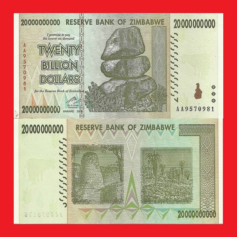 ZIMBABWE 20 Billion Dollar Banknote Serial AA9570981