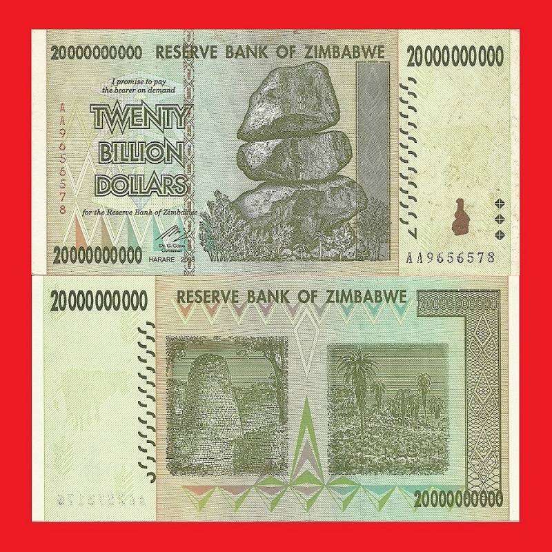 ZIMBABWE 20 Billion Dollar Banknote Serial AA9656578