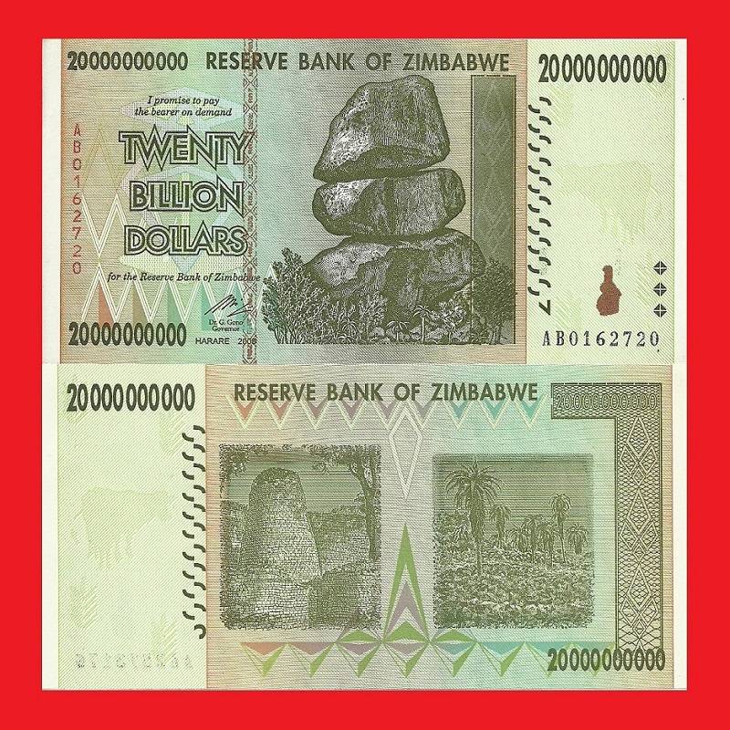ZIMBABWE 20 Billion Dollar Banknote Serial AB0162720 XF