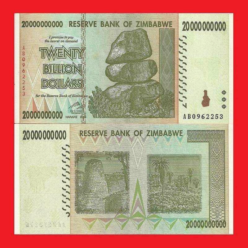 ZIMBABWE 20 Billion Dollar Banknote Serial AB0962253 XF