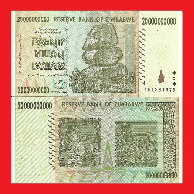 ZIMBABWE 20 Billion Dollar Banknote Serial AB1381979 XF