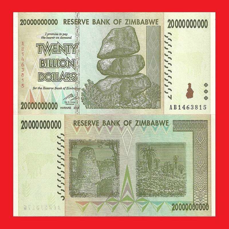 ZIMBABWE 20 Billion Dollar Banknote Serial AB1463815 XF