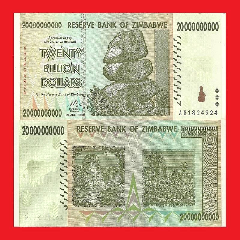 ZIMBABWE 20 Billion Dollar Banknote Serial AB1824924