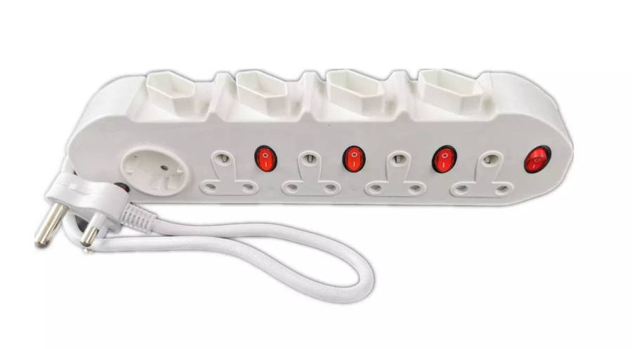 9 Way 220v, 16A Multi Plug Adapter with Surge Protection (4 x 3p, 4 x 2p, 1 x Schuko 2p)
