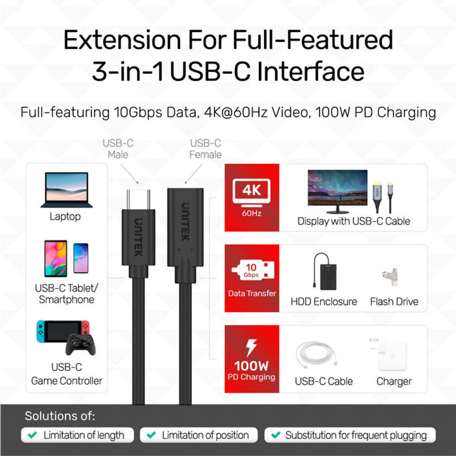 Unitek Full-Featured USB-C Extension Cable with 4K@60Hz, 100W Power Delivery and 10Gbps Data (USB...
