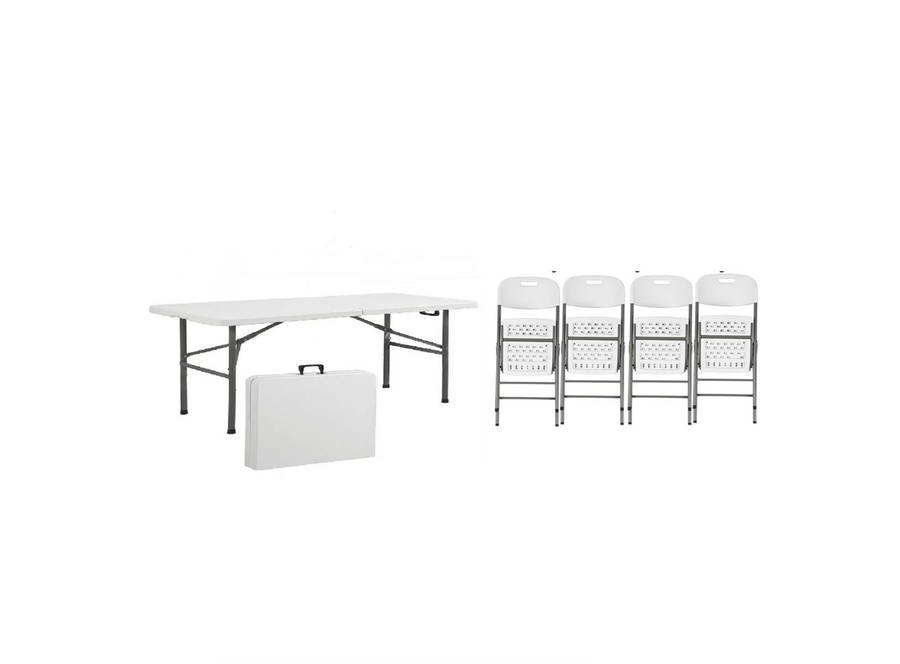 Plastic White Rectangular Foldable Table with 4 Foldable Chairs