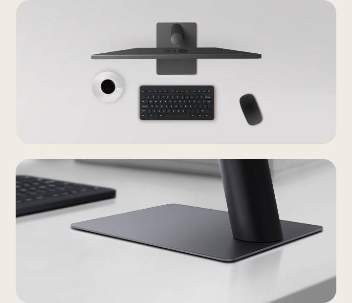  Top and angled views of an monitor setup on a clean desk, featuring a coffee cup, wireless keyboard, mouse, and a sleek, low-profile stand that ensures stability and saves space.