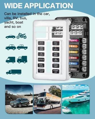 12-Way Fuse Block with LED Indicator - Waterproof Blade Fuse Box for Car, RV, Boat Vehicle Tool Kit
