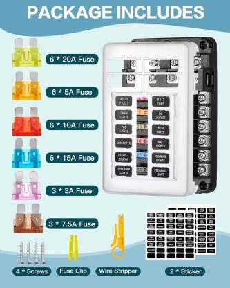 12-Way Fuse Block with LED Indicator - Waterproof Blade Fuse Box for Car, RV, Boat Vehicle Tool Kit