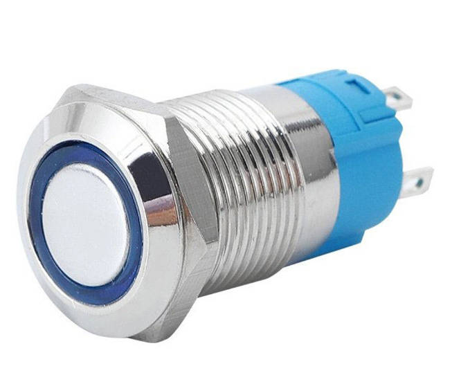 PUSH BUTTON SWITCH NO/NC SPDT 5A 12V M19 D=22 L=35 MOM BLUE - DEBULK LAS3-19F-W11EM-BL