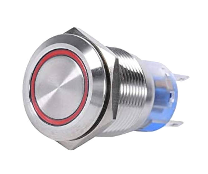 PUSH BUTTON SWITCH NO/NC SPDT 5A 12V M19 D=22 L=35 MOM RED - DEBULK LAS3-19F-W11EM-RD