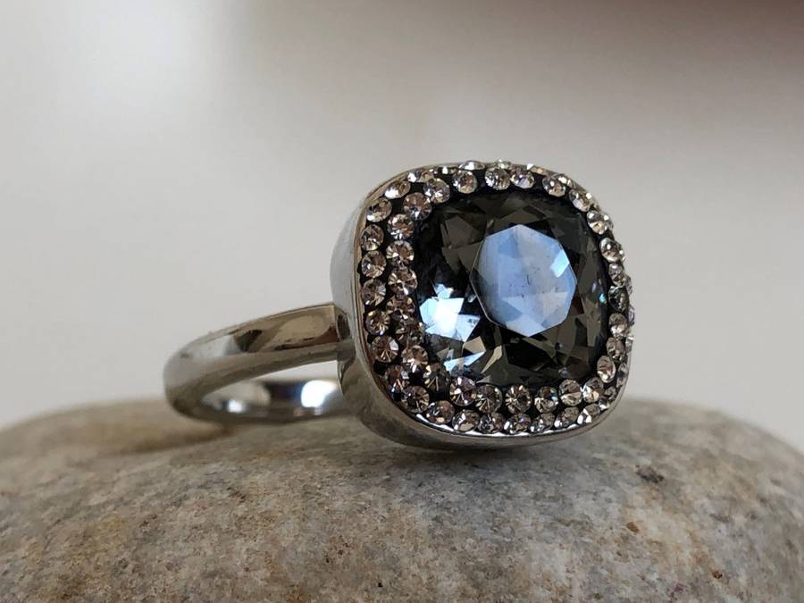 Silver Tone Ring With Square Dark Grey Stone Surrounded By 2 Rows Of Clear Stones #ML292 | Dimens...