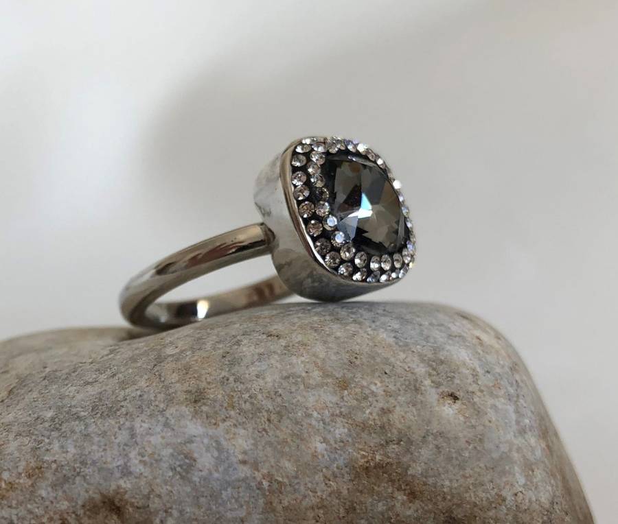 Silver Tone Ring With Square Dark Grey Stone Surrounded By 2 Rows Of Clear Stones #ML292 | Dimens...
