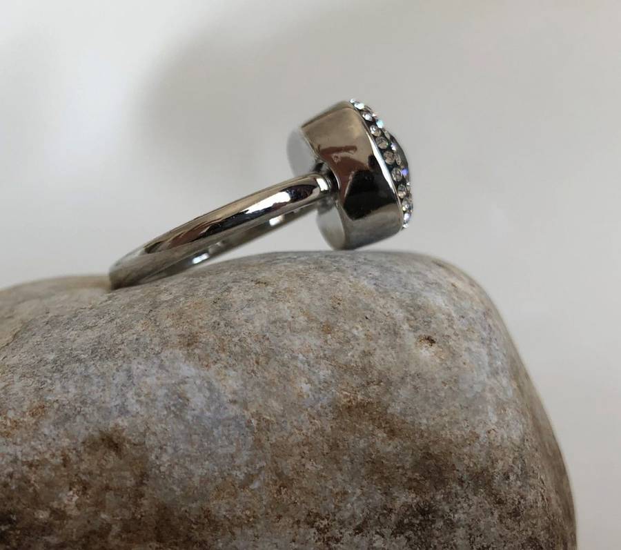 Silver Tone Ring With Square Dark Grey Stone Surrounded By 2 Rows Of Clear Stones #ML292 | Dimens...