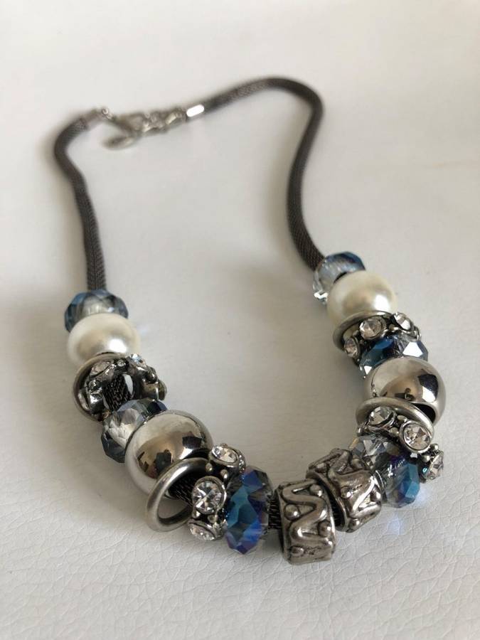 Silver Tone Rope Chain Necklace With Large Beads (Mock Pearl, Blue Colour Stones And Diamante) ML299