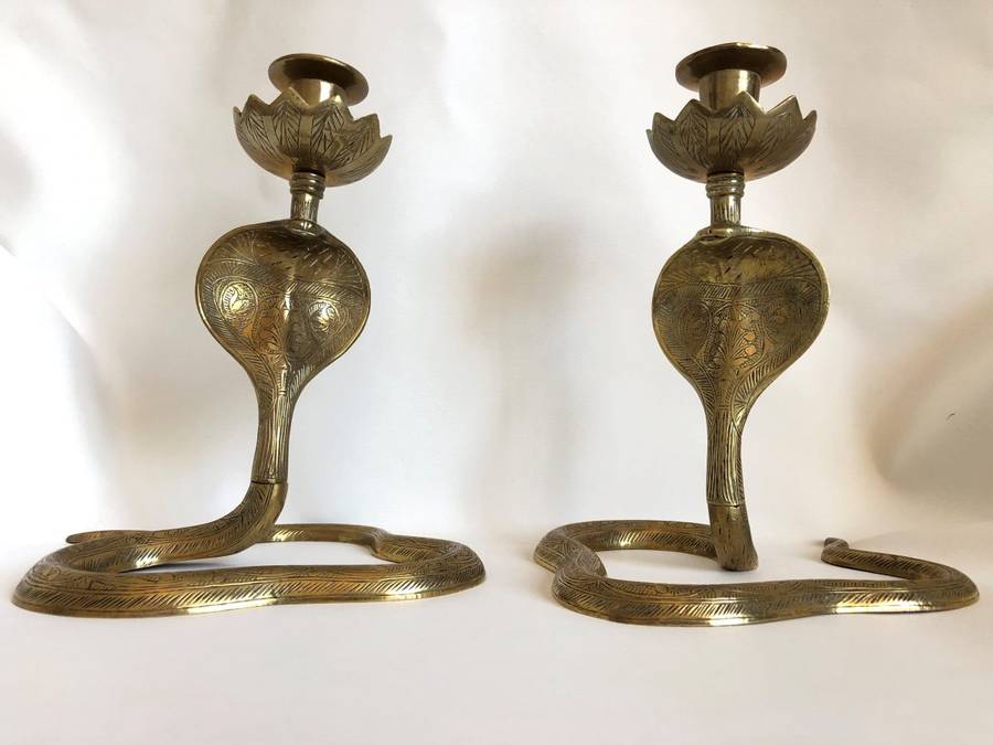 Used Pair of Brass Candlesticks, Cobra Snake Design, Indian (Tamal)