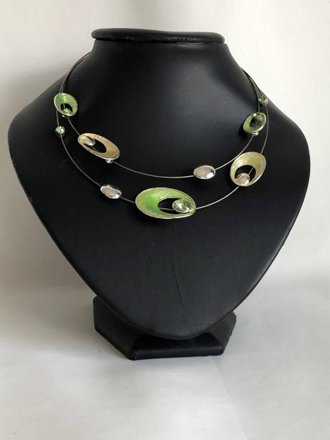 Silver Tone Wire Necklace With Green and Yellow Beads and Green Stones - Double Strand #ML469 | D...