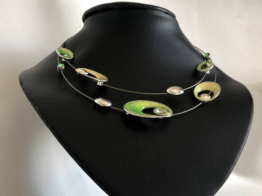Silver Tone Wire Necklace With Green and Yellow Beads and Green Stones - Double Strand #ML469 | D...