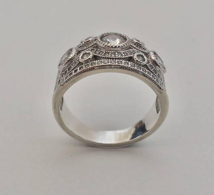 925 Silver Ring, Band with Stones surrounded by a twirly design filled with tiny diamante #ML555