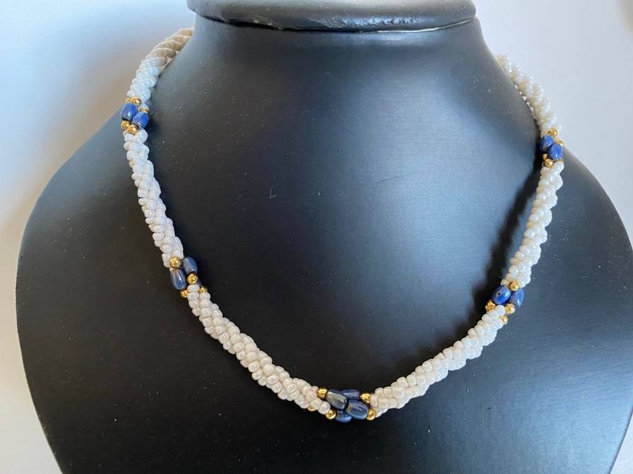 Necklace -  Fresh Water Pearls/Seed, Royal Blue Colour Beads With Gold Colour Separators #ML605 |...