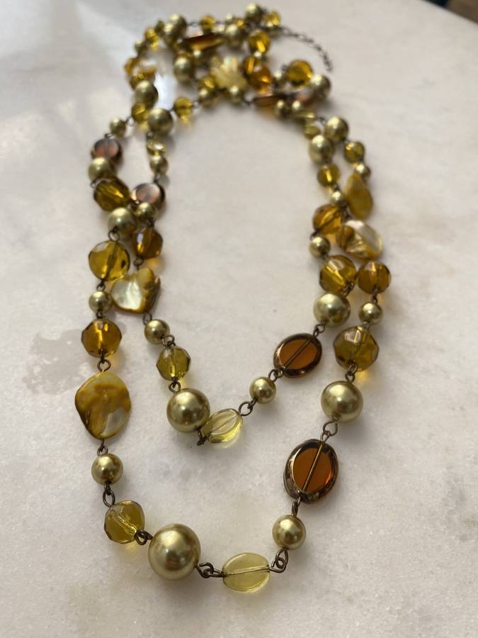 Long Gold Coloured Beaded Necklace #ML663 R165.00 | Dimensions: 790mm Diameter