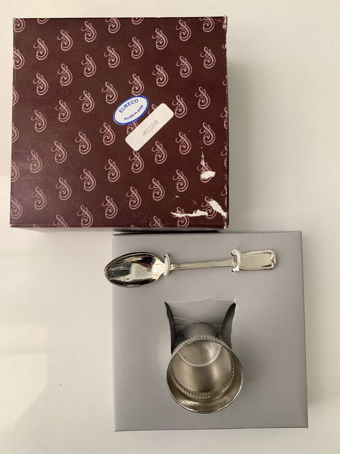 Antiques and Collectibles - Silver Plated Egg Cup and Spoon, In Original Box #ML671 | Dimensions:...