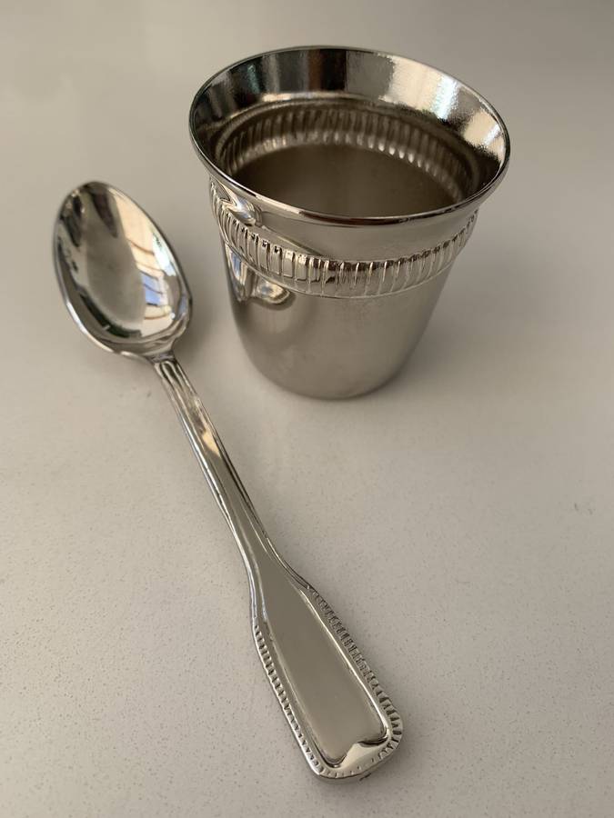 Antiques and Collectibles - Silver Plated Egg Cup and Spoon, In Original Box #ML671 | Dimensions:...