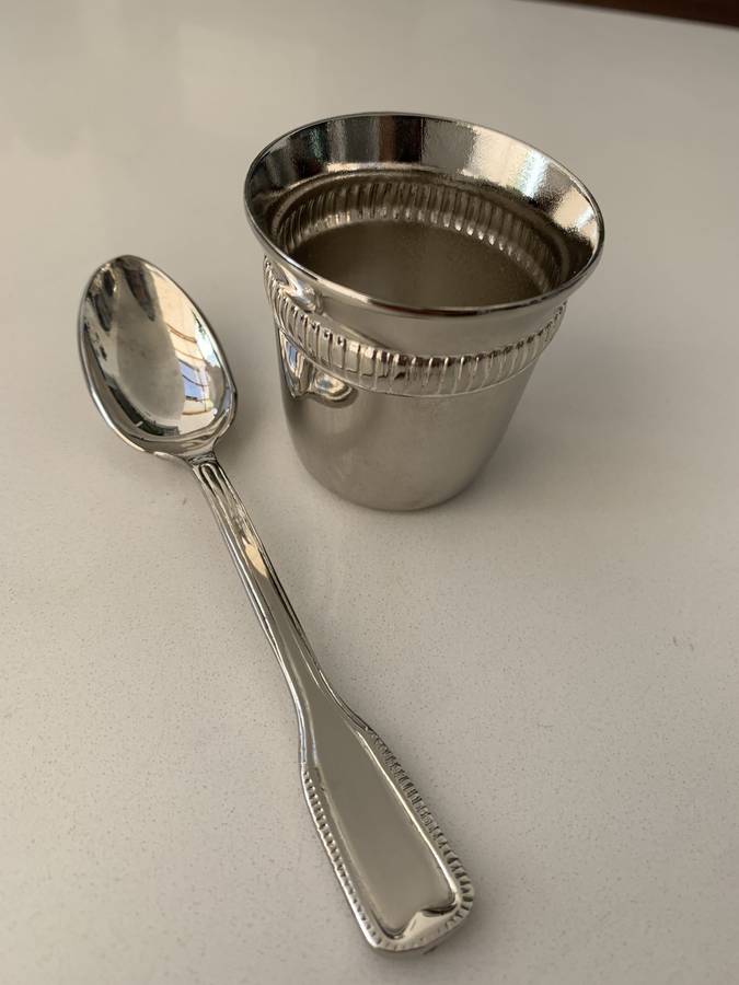 Antiques and Collectibles - Silver Plated Egg Cup and Spoon, In Original Box #ML671 | Dimensions:...