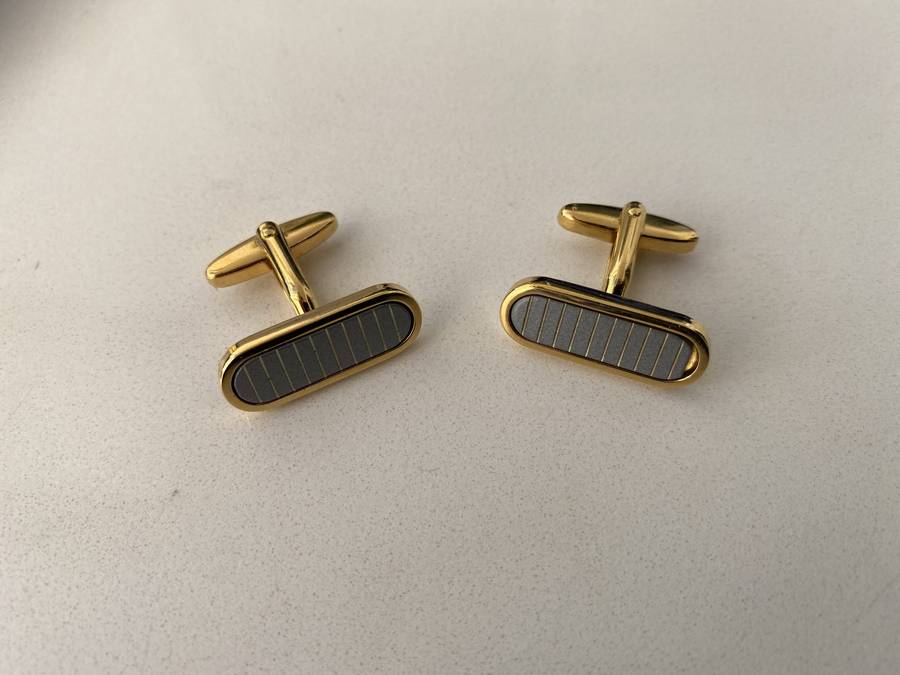 Gold Plated Cuff Links With Grey Slats #ML689 | Dimensions: 25mm x 10mm