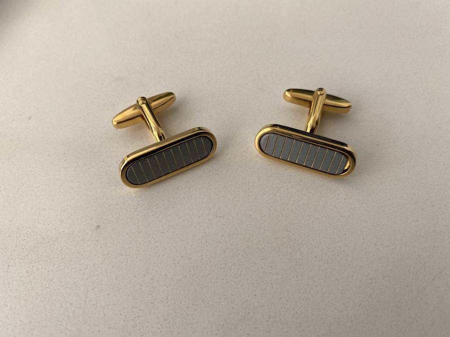 Gold Plated Cuff Links With Grey Slats #ML689 | Dimensions: 25mm x 10mm