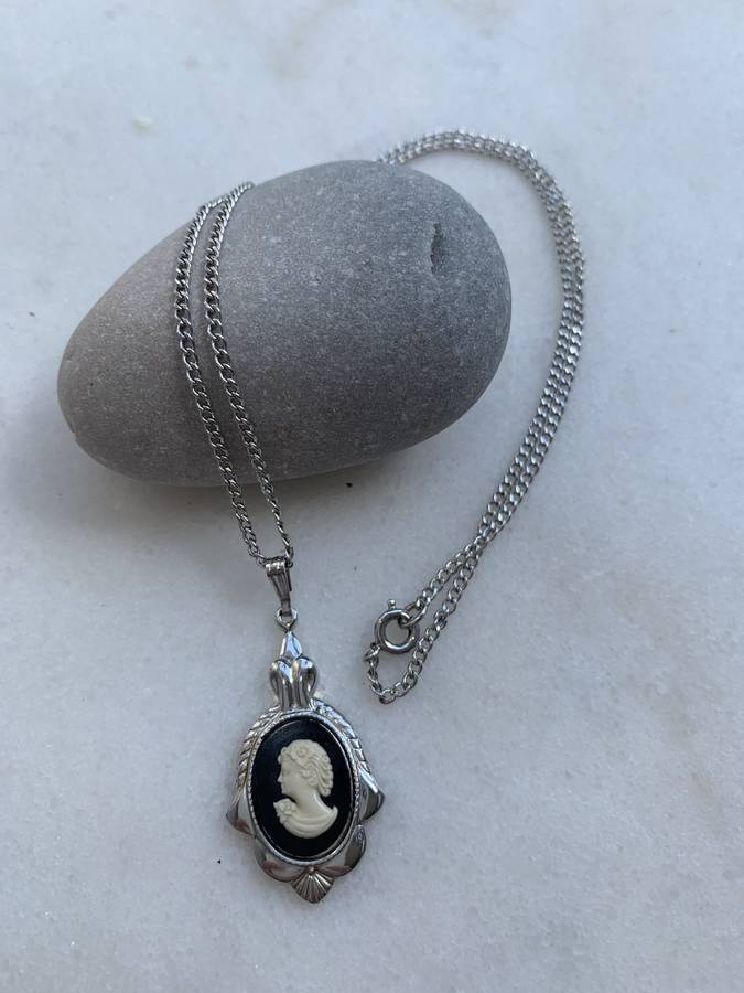 Set - Earrings and Pendant Necklace - Cameo Set In Rhodium Plate With Black Surround #ML787 R395....
