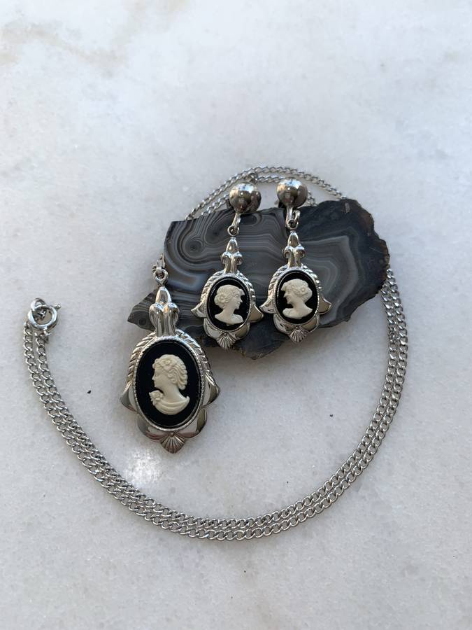 Set - Earrings and Pendant Necklace - Cameo Set In Rhodium Plate With Black Surround #ML787 R395....