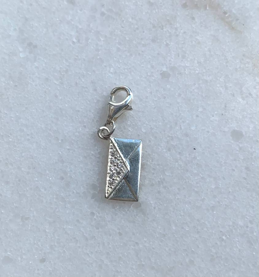 925 Silver Envelope Charm With White Coloured Pave Style Stone on Sealing Flap and dot detail on ...