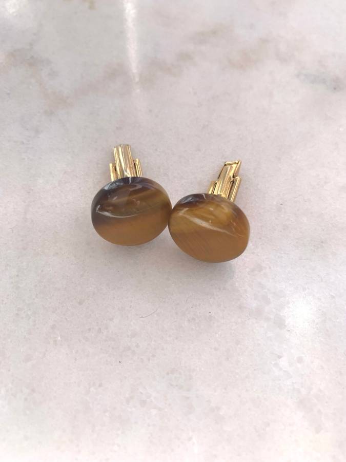 Cufflinks - Metal Cufflinks With Round Tigers Eye. Gold Colour #ML924