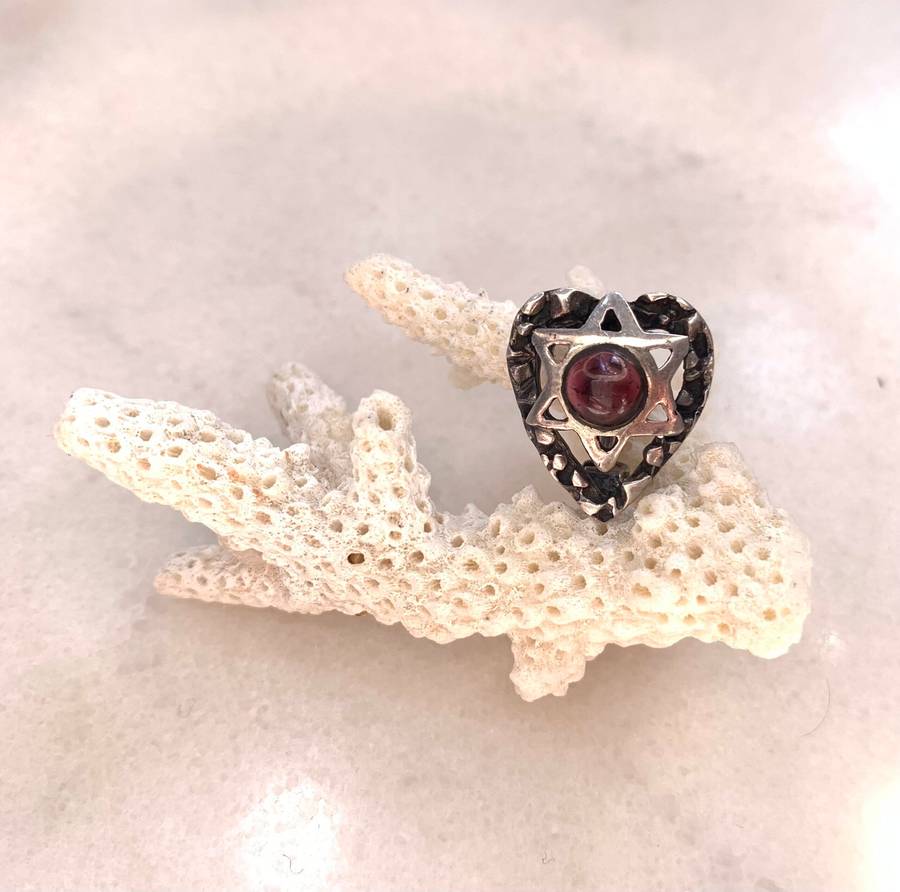 Brooch - Silver Coloured Magen David (Star Of David) on Patterned Border, Brown Stone #ML968 R195...