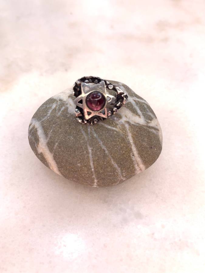Brooch - Silver Coloured Magen David (Star Of David) on Patterned Border, Brown Stone #ML968 R195...