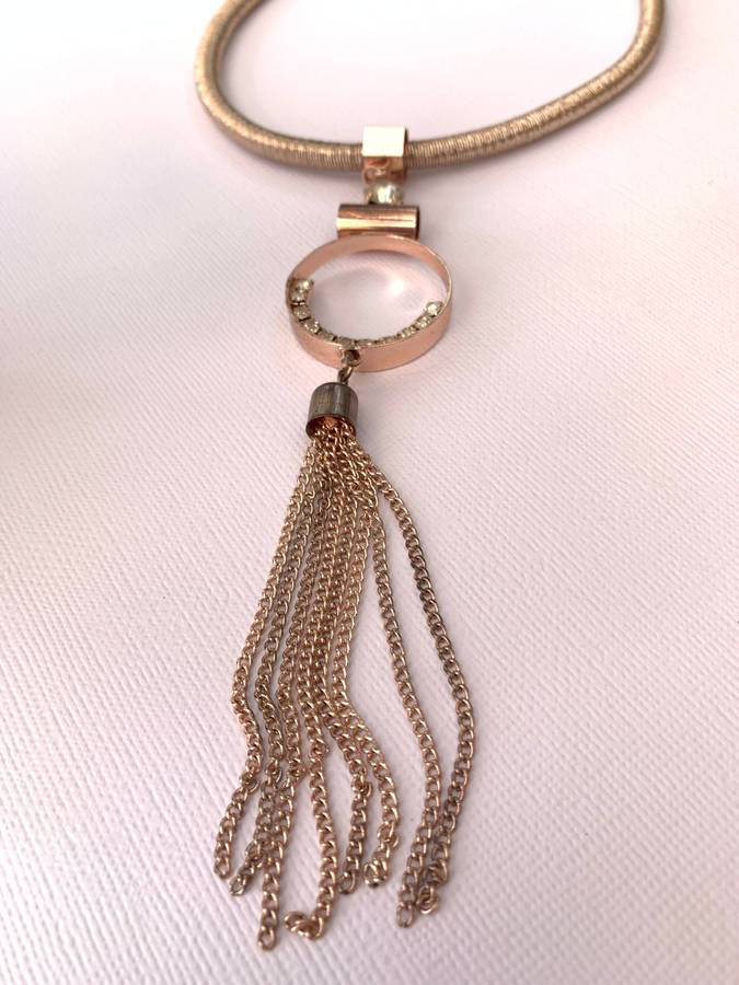Necklace - Metal Pendant on Rope. White Stones, Circles, Tassels #ML1014 R350.00 | Dimensions: 49...