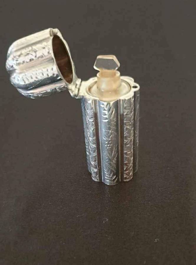 Victorian sterling silver scent/perfume holder with old glass bottle and stopper. Hallmark Cheste...
