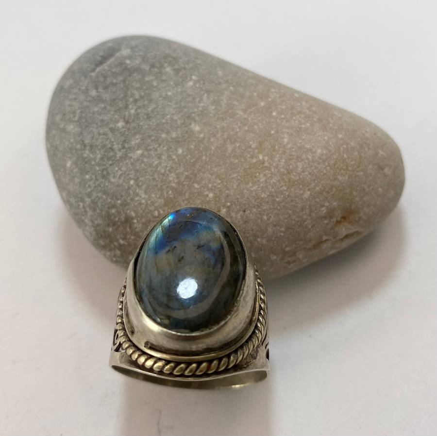 Ring - Large Wide Band Laboradite Stone. Silver Colour #ML1176 R495.00| Dimensions: Ring Size V ...