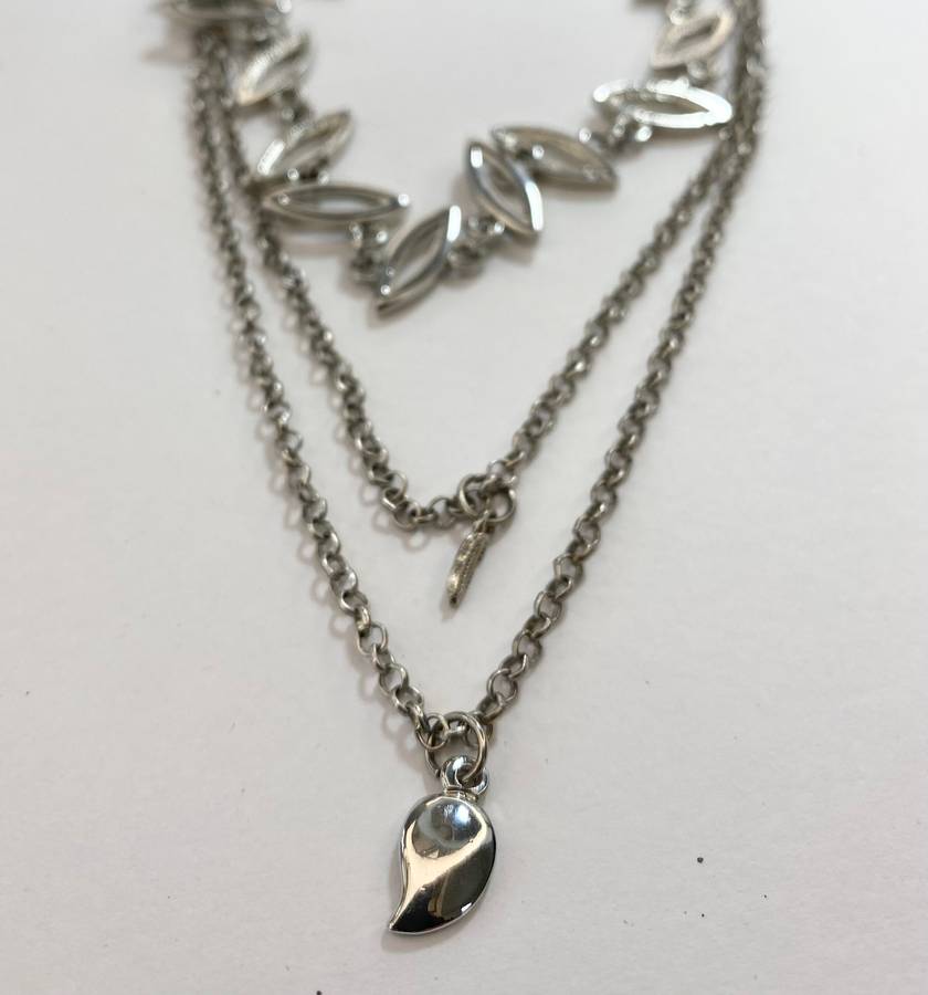 Necklace -  Silver Colour Triple Strand Necklace. Oval Links, leaf and diamante pendant, small le...