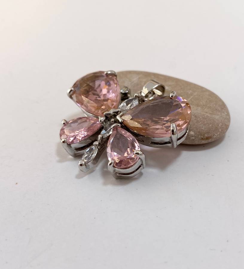 Pendant - Light Rose Gemstone Butterfly & Clear Stones. Silver Colour #ML1317