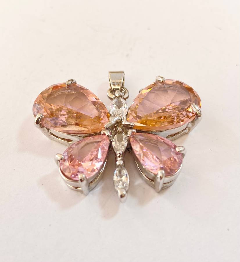 Pendant - Light Rose Gemstone Butterfly & Clear Stones. Silver Colour #ML1317