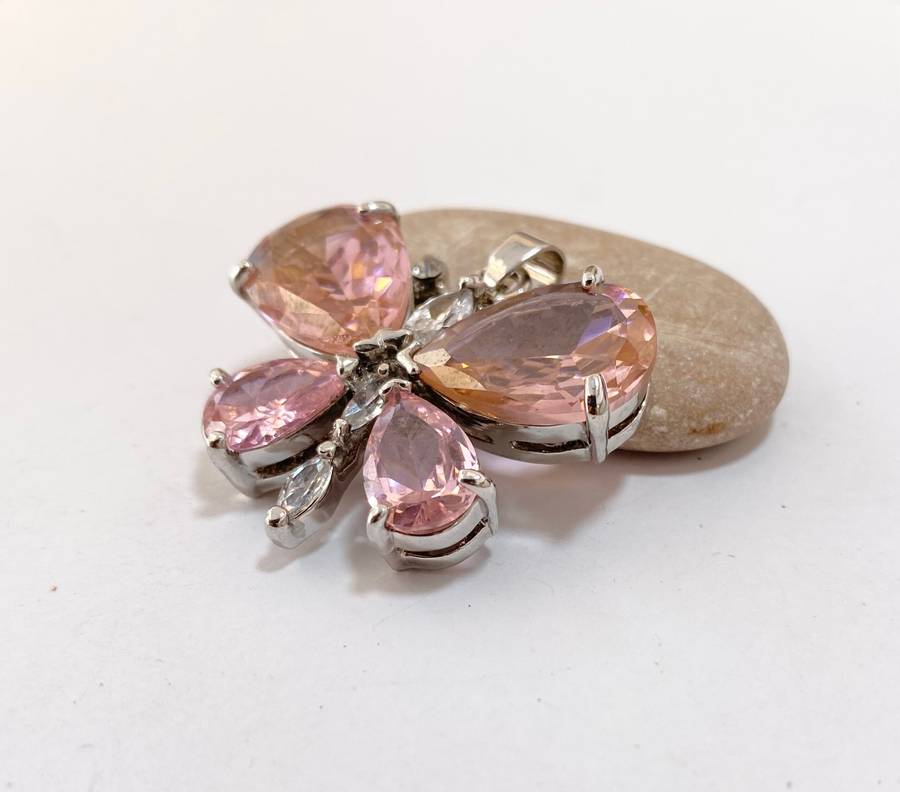 Pendant - Light Rose Gemstone Butterfly & Clear Stones. Silver Colour #ML1317