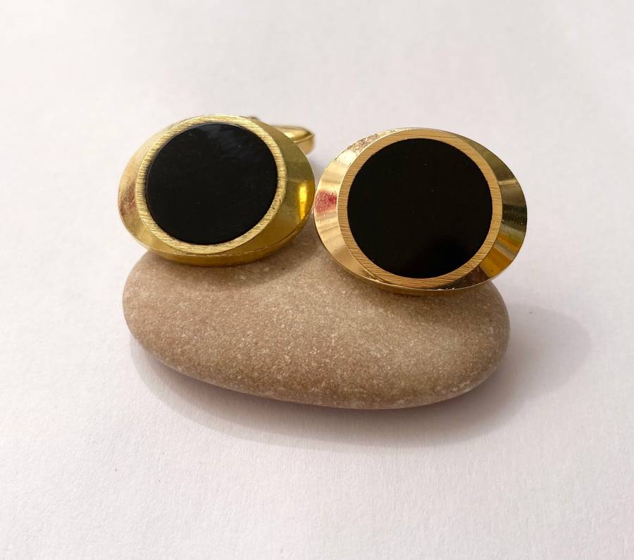Cufflinks - Oval Shape With Onyx Stone. Gold Plated #ML1467