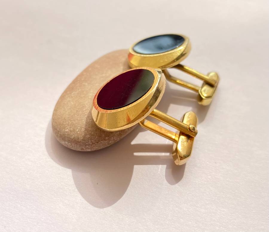 Cufflinks - Oval Shape With Onyx Stone. Gold Plated #ML1467
