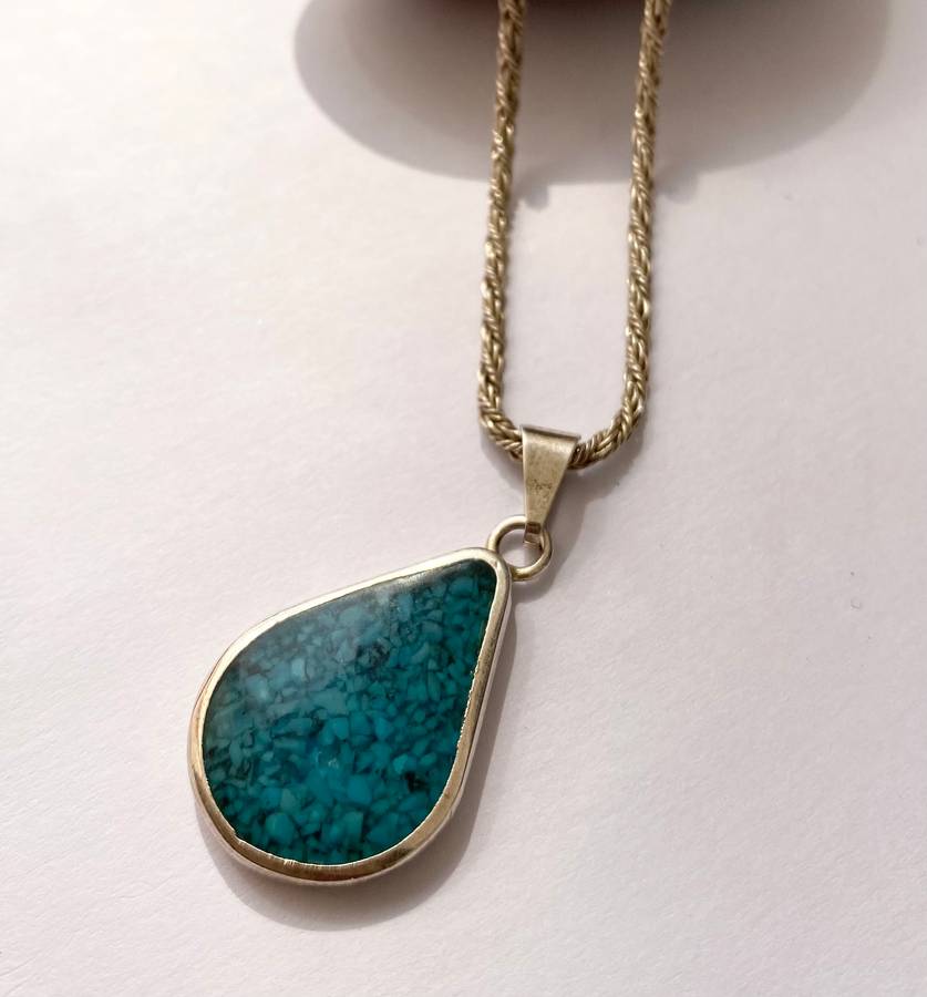 Pendant on Chain - 925 Silver Pendant With Crushed Paua Pearl Set In Resin. 925 Silver Chain