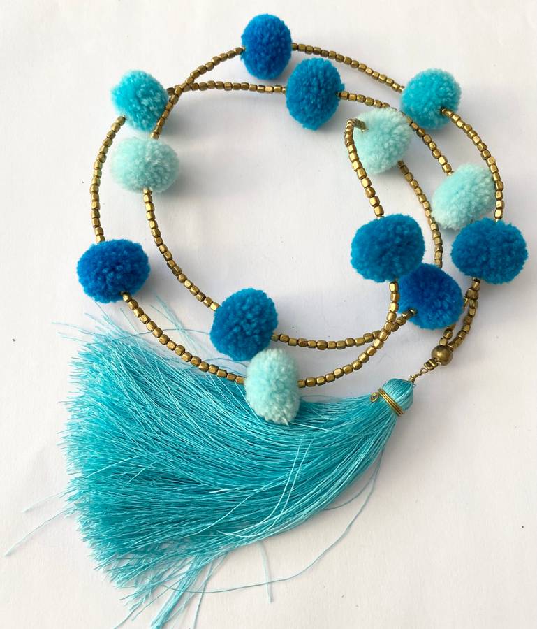 Necklace - Brass Beads With Blue Pompoms and Blue Tassels